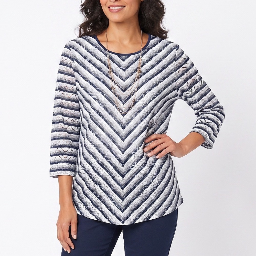 Alfred Dunner Top Womens 2X Woman Navy Blue Chevron Eyelet Necklace Excellent